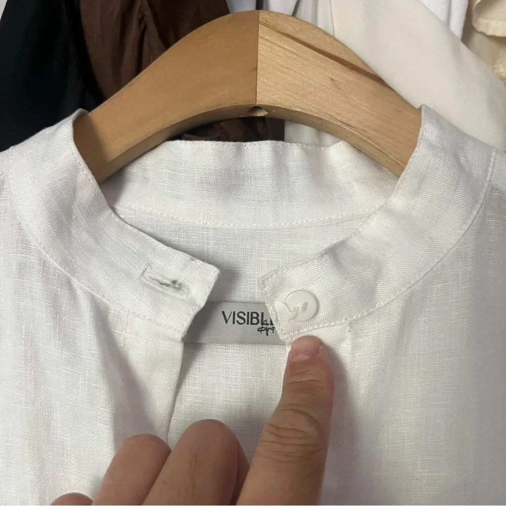 VISIBLE ART white linen mandarin collar button up long sleeve shirt‎
